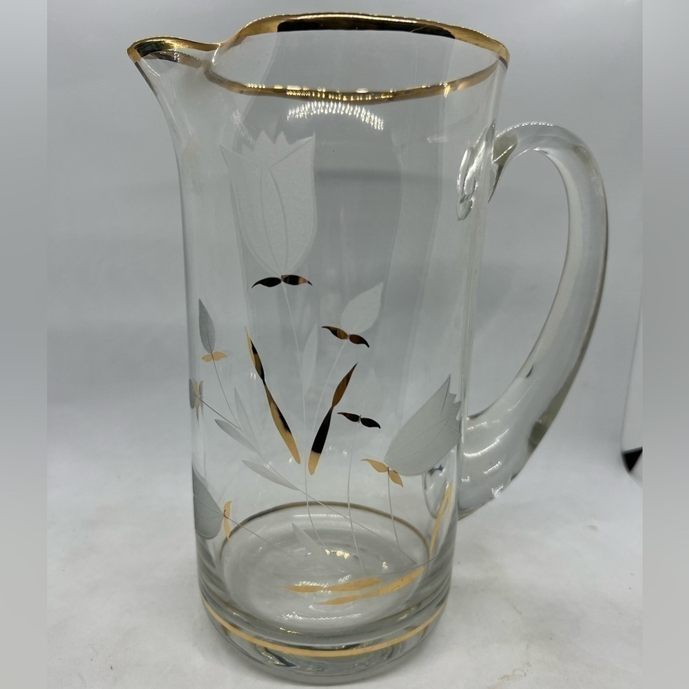 Vintage MCM Hand Blown Pitcher With Etched Flowers and 22K Gold Accents